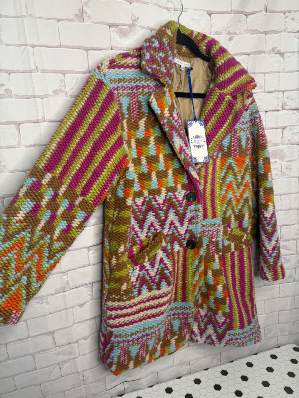Tempo Paris Chunky‎ Knit Statement Coat Multicolor Boho Patchwork Jacket Sz S/M - Picture 2 of 14